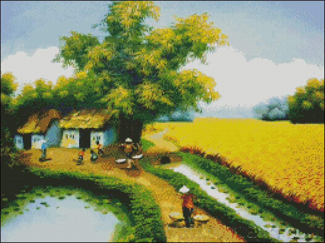 Mẫu tranh phong cảnh thêu chữ thập làng quê Việt Nam